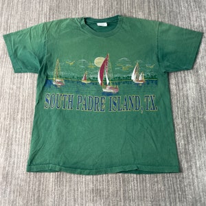 Vintage 90s South Padre Texas Sailing Ship Travel Double Sided Single Stitch Made in USA Green Graphic T Shirt Large Mens