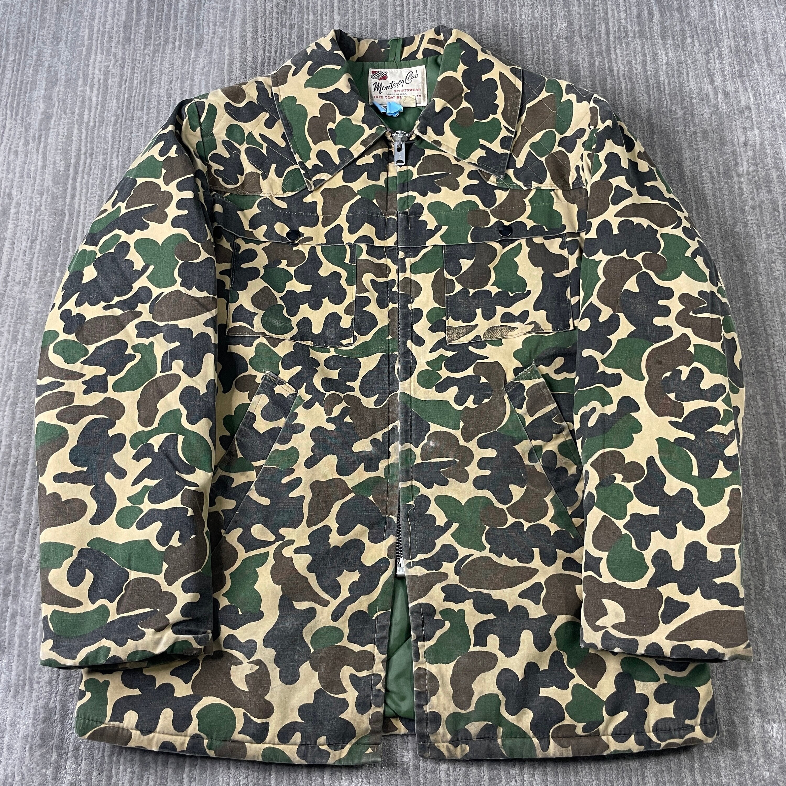 Vintage 80s Monterey Club Duck Camo Fishing Outdoors Multiple Pockets All Over Pattern Talon Zipper Green Zip Up Collar Jacket Large Mens*R8