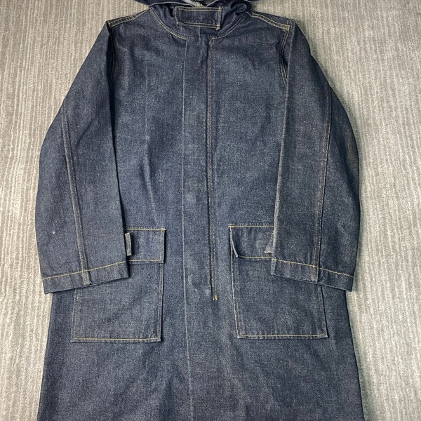 Vintage 2000s Polo Ralph Lauren Jeans Company Dark Wash Streetwear Y2K Aesthetic Blue Denim Hooded Trench Coat Large Mens