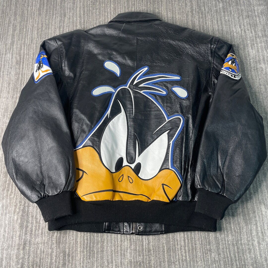 Vintage 2000s Looney Tunes Daffy Duck Cartoon Stitched Embroidered Y2K Aesthetic Black Zip up Leather Jacket Extra Large Mens Etsy Canada