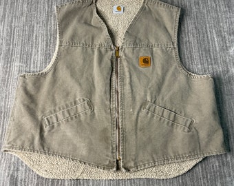 Vintage 2000s Carhartt Workwear Carpenter Sherpa Lining Basic Essential Winter Season Tan Zip Up Vest Extra Large Mens