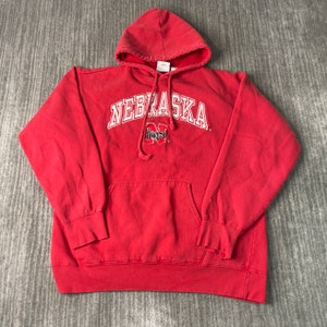 Vintage 2000s Nebraska Huskers College University Sportswear Athletic Stitched Embroidered Streetwear Red Graphic Hoodie Large Mens