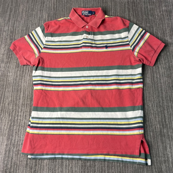 Vintage 2000s Polo Ralph Lauren Small Pony Striped Pattern Dress Casual Formal Y2K Aesthetic Multi Color Polo Shirt Large Mens