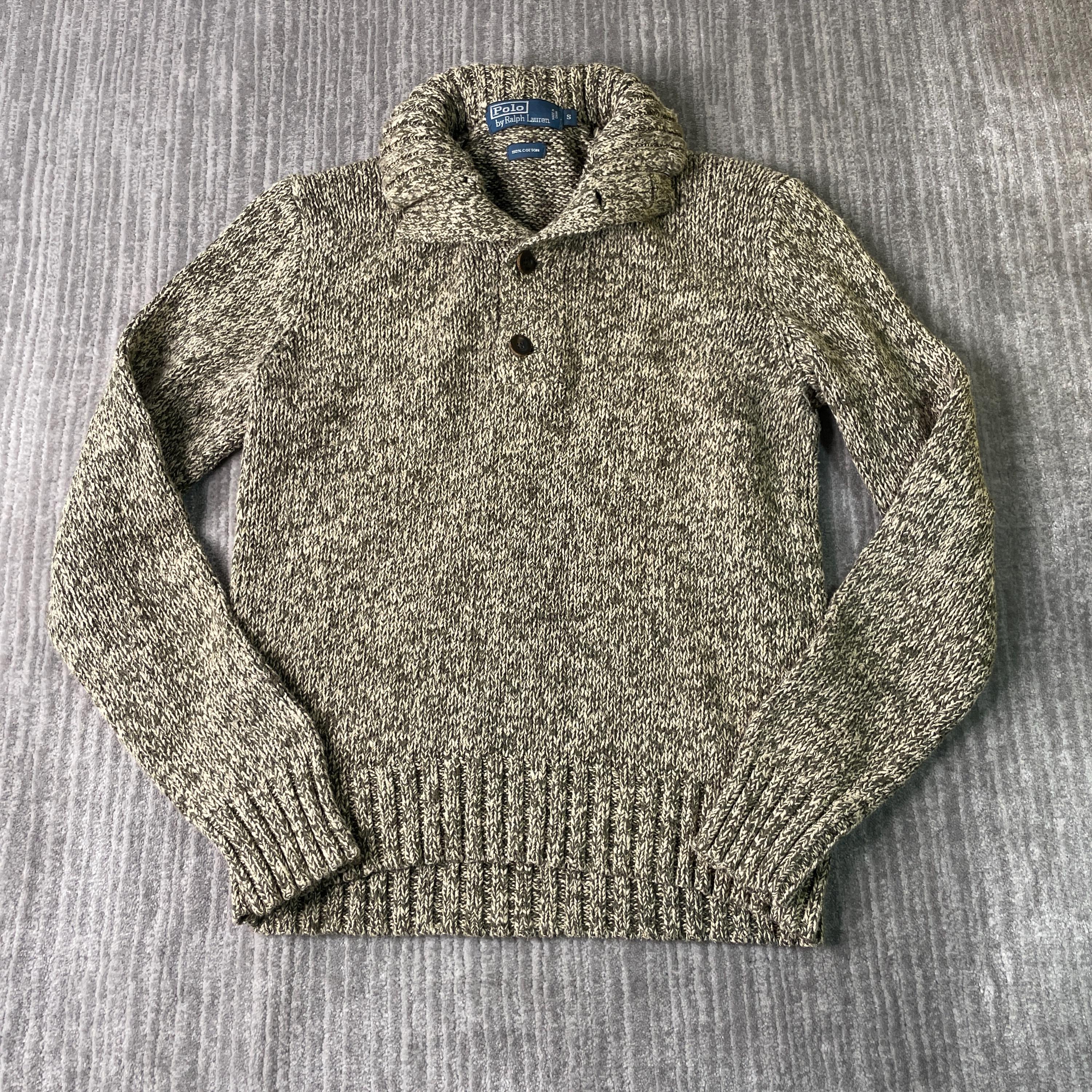 Vintage 2000s Polo Ralph Lauren Basic Essential Shawl Collar Style Casual Streetwear Tan Knit Sweater Small Mens