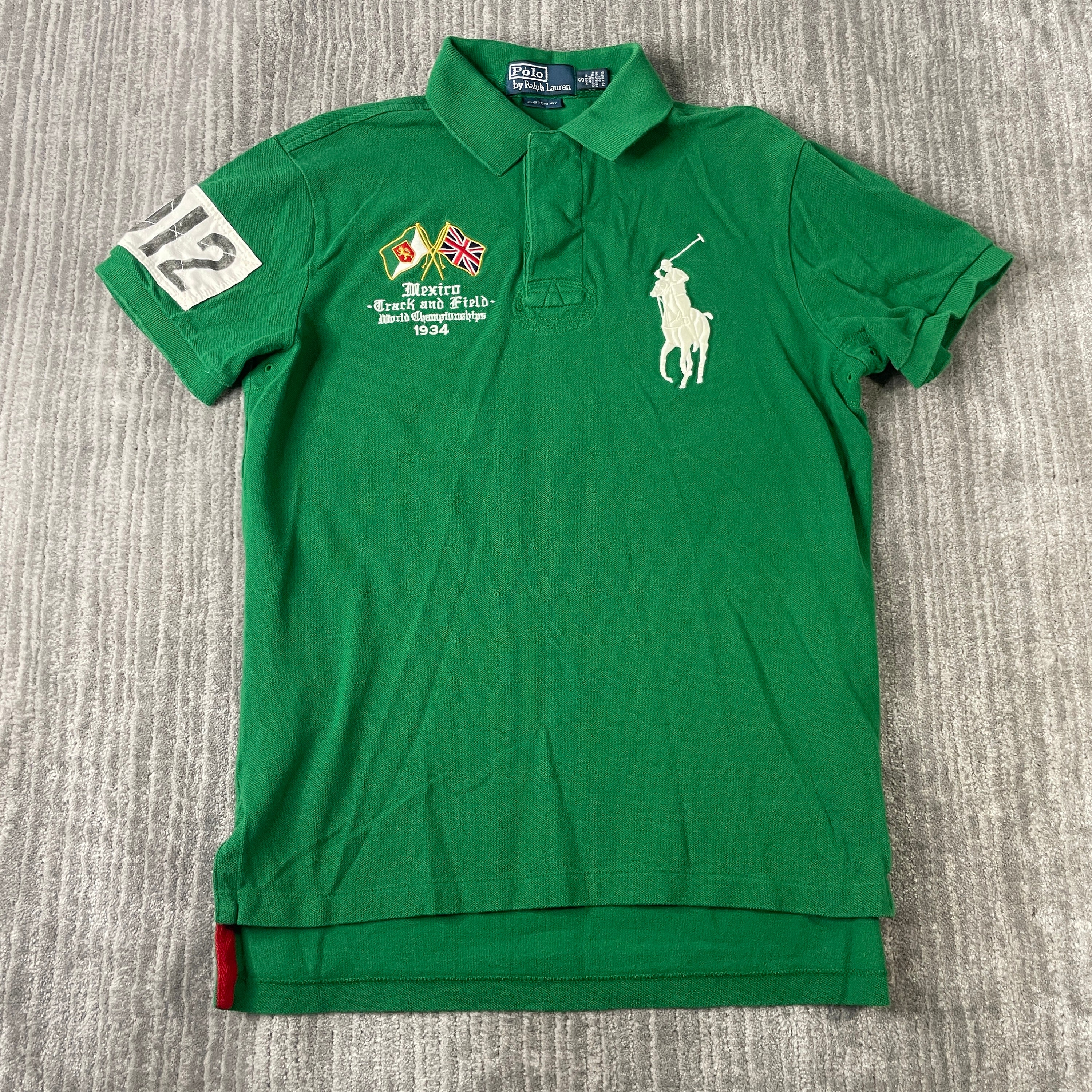 Vintage 2000s Polo Ralph Lauren Big Pony Embroidered Stitched Logo Mexico Track Field Y2K Aesthetic Green Graphic Polo Shirt Small Men V2
