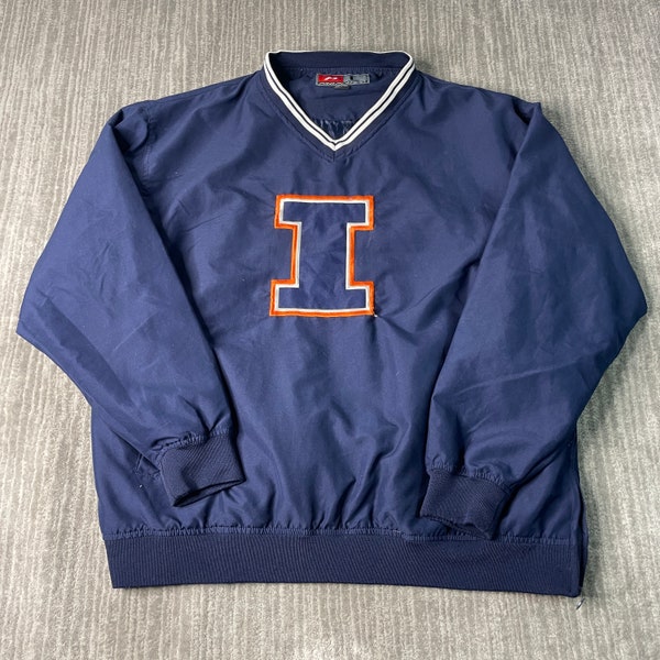 Vintage 2000s Pro Player Illinois College University Two Pocket Sportswear Athletic Navy Pullover Windbreaker Jacket Large Mens