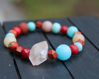Raw Peach Quartz, Jasper, Jade & Turquoise Bracelet | Multi-Stone Healing Crystal Bracelet | Handmade