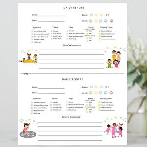 May include: Two-page printable daily report for childcare, featuring sections for name, date, and mood. Includes fields for appetite, thirst, nap, potty, and playing time. Decorated with colorful illustrations of children.