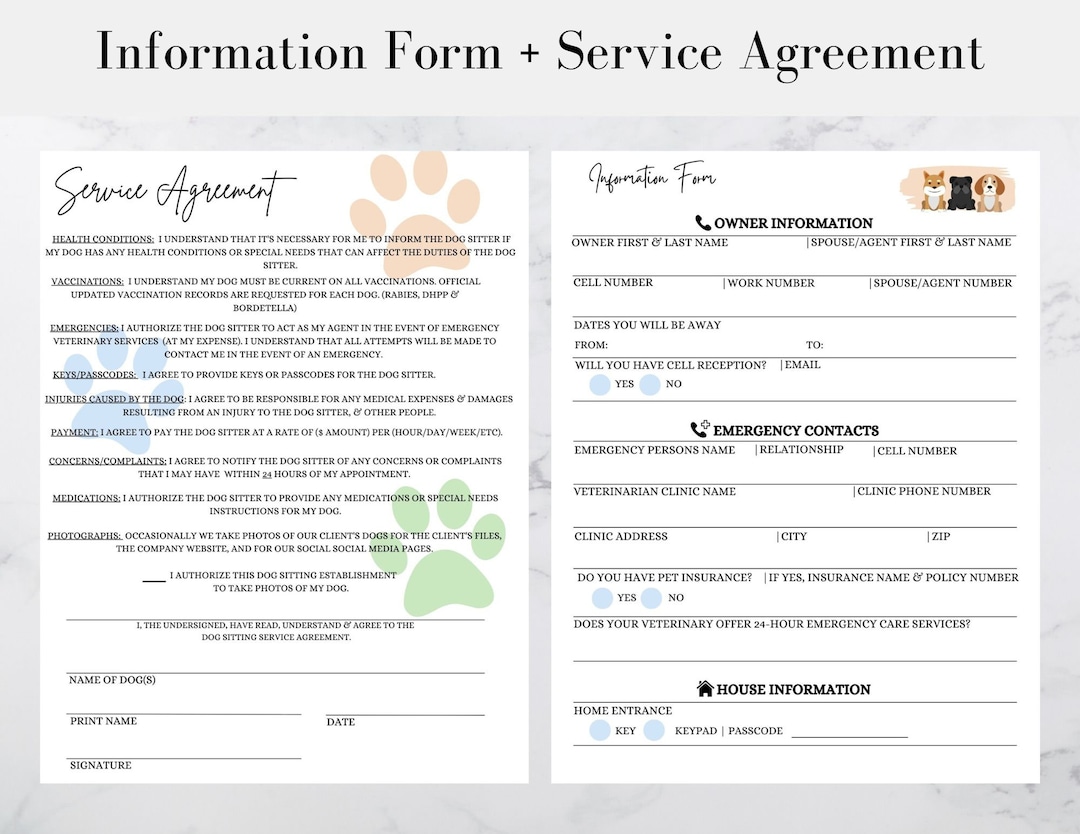 Dog Sitting Information Form Dog Sitting Service Agreement Etsy