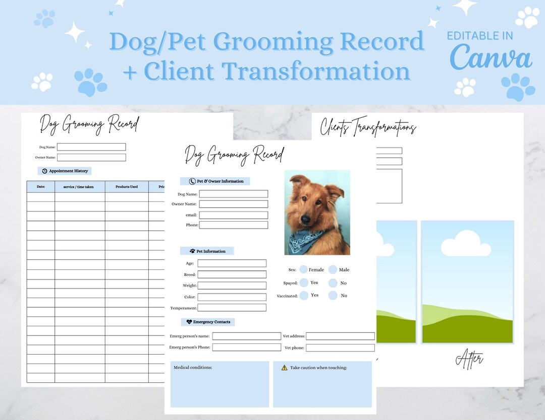 Dog Groomer Record, Client Appointment History, Pet Groomer Record