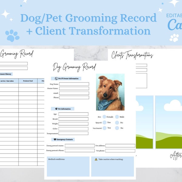 Dog Groomer Record, Client Appointment History, Pet Groomer Record, Client Transformations, Editable Templates
