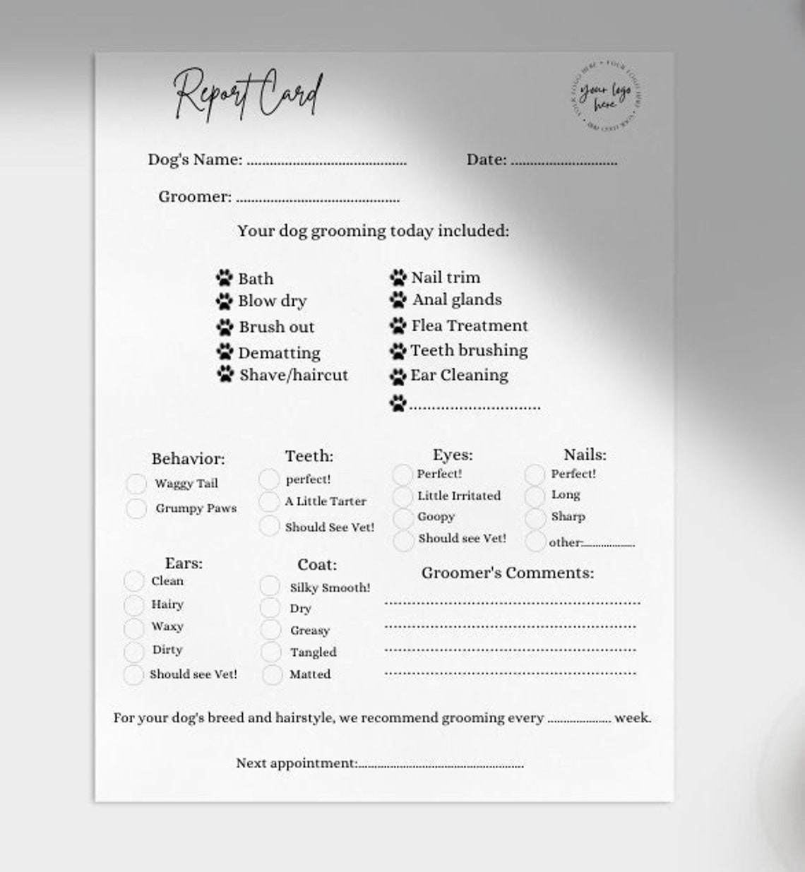 Editable Dog Grooming Report Card Etsy