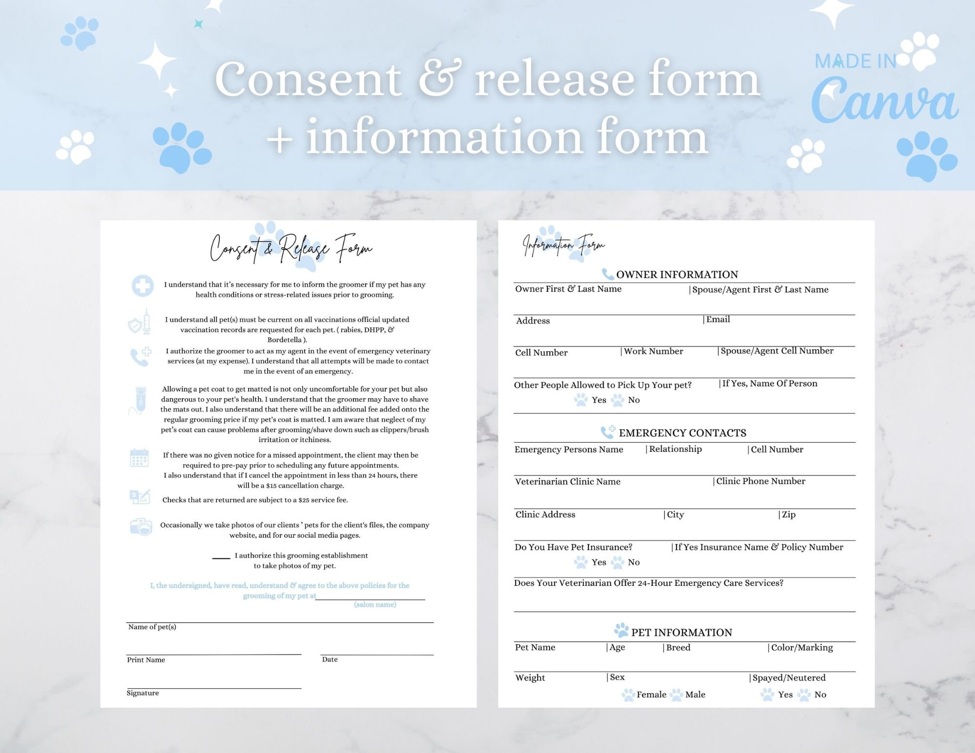 Dog Grooming Business Forms, Consent and Release Form, Information Form ...