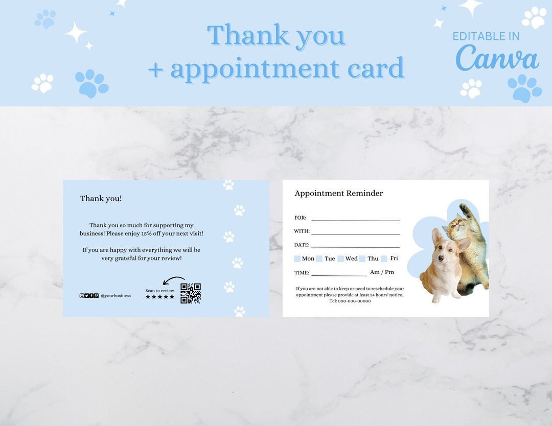 Dog/pet Grooming Appointment Reminder Card, Thank You Card, Editable