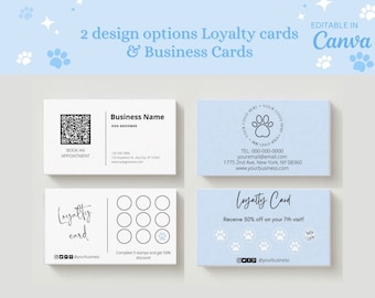 May include: Two design options for loyalty cards and business cards for a dog groomer. The first design is a white card with a black and white QR code, the text "Book an Appointment", and the business name and contact information. The second design is a light blue card with a paw print logo, the business name, contact information, and the text "Loyalty Card" with a paw print design. The loyalty card has nine circles for stamps and the text "Complete 9 stamps and get 50% discount". The second loyalty card design is light blue with a paw print logo, the text "Loyalty Card", and the text "Receive 50% off on your 7th visit!" with paw print designs.