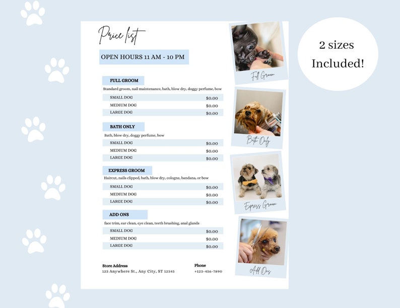 Editable Price List Template, Printable Dog Groomer Price List