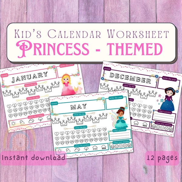 Kid's Calendar Worksheet (Princess-themed) | Printable Preschool Calendar | Calendar Pages for Kids | Calendar Learning | Preschool Activity