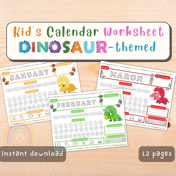 Kid's Calendar Worksheet (Dinosaur-themed) | Printable Preschool Calendar | Calendar Pages for Kids | Calendar Learning | Preschool Activity