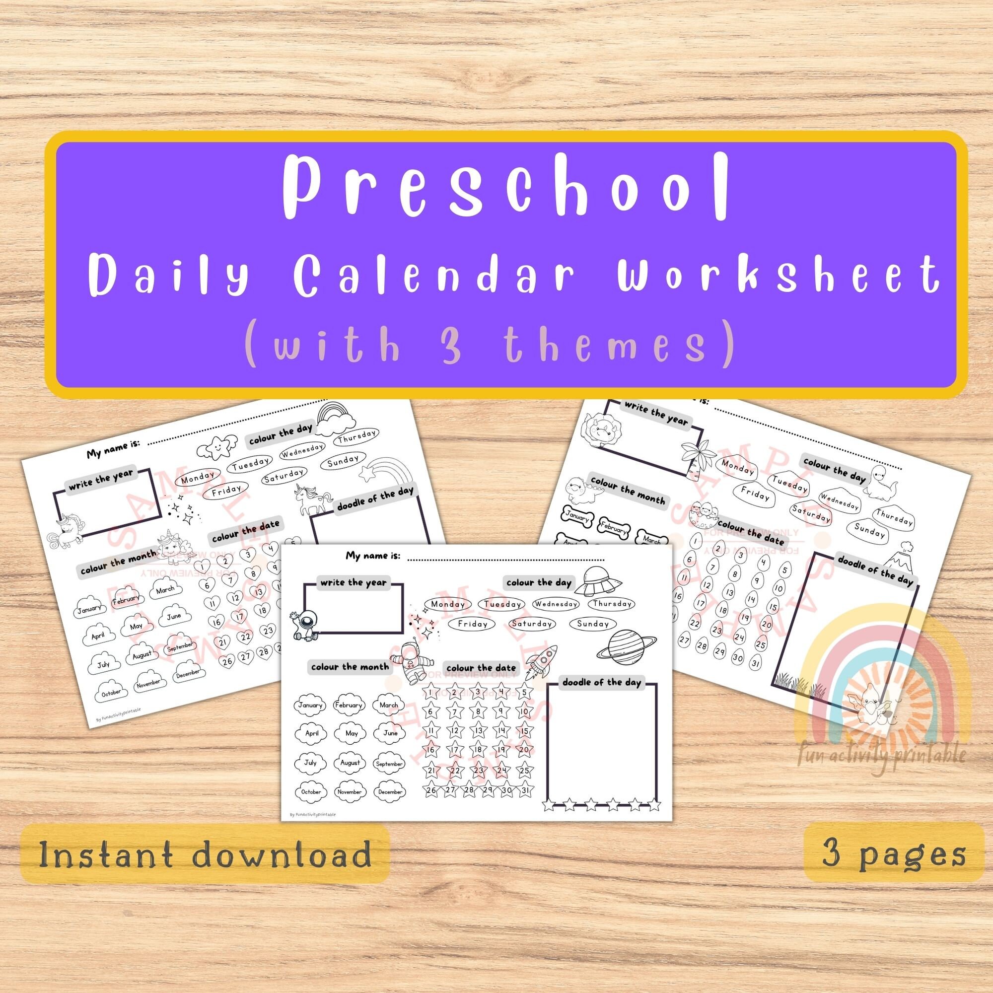 Preschool Calendar Worksheet With 3 Different Themes Unicorn Calendar  Dinosaur Calendar Space Calendar Preschool Activity - Etsy