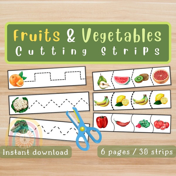 Fruits and Vegetables Cutting Strips | Printable Cutting Sheets for Kids | Preschool Scissors Practice | Fine Motor Skills Activities