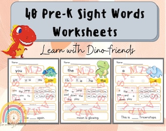 40 Pre-K Sight Words Worksheets : Learn with Dino-Friends| Printable Worksheet for Kids | Spelling and Reading Practice| Preschool Printable