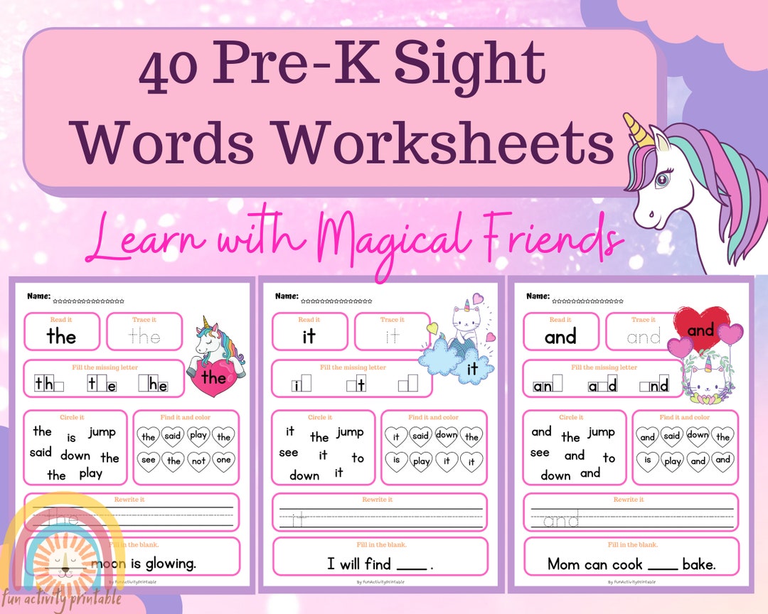 40-pre-k-sight-words-worksheets-learn-with-magical-friends-etsy