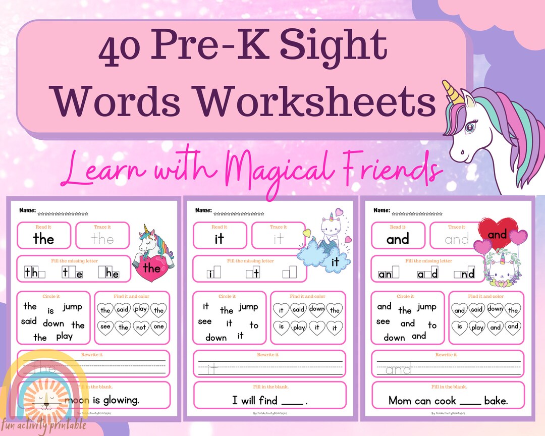 40 Pre k Sight Words Worksheets learn With Magical Friends Etsy