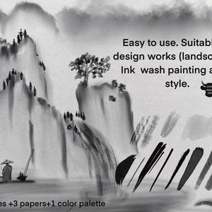 May include: Black and white digital art illustration of a mountain landscape with a waterfall and a person fishing in a boat. The image includes 80 brushes, 3 papers, and 1 color palette. Easy to use. Suitable for design works (landscapes). Ink wash painting asian style.