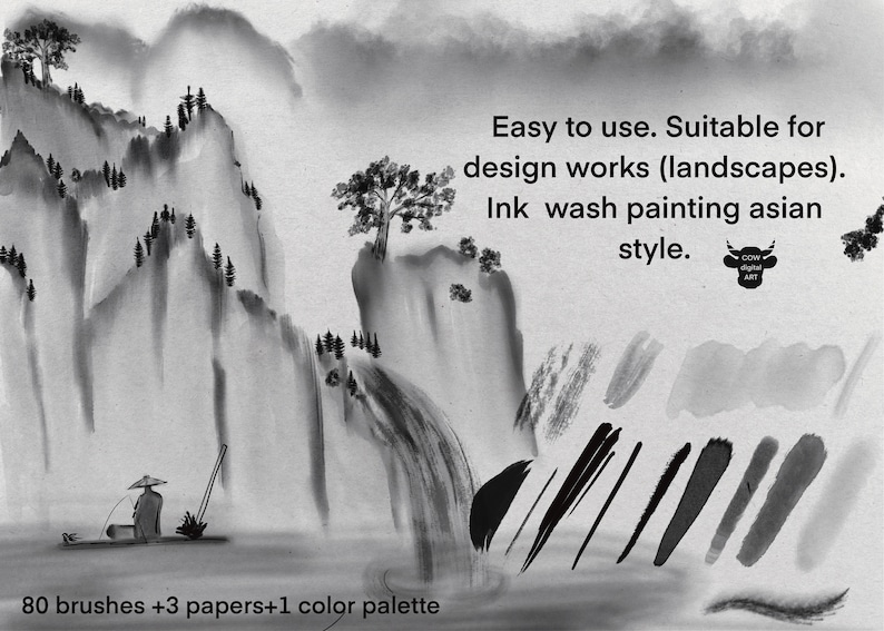 May include: Black and white digital art illustration of a mountain landscape with a waterfall and a person fishing in a boat. The image includes 80 brushes, 3 papers, and 1 color palette. Easy to use. Suitable for design works (landscapes). Ink wash painting asian style.