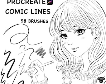 Juego de pinceles para entintar cómics de Procreate, arte manga y anime (descarga digital, 58 pinceles)