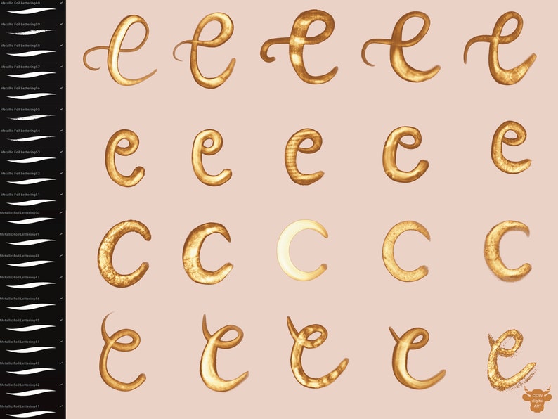 May include: A set of 20 gold foil letter stencils for calligraphy and lettering. The stencils include the letters 'e' and 'c' in various styles.