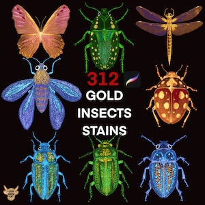 May include: A digital art illustration of 312 gold insect stains. The image features a variety of insects, including butterflies, dragonflies, and beetles, all with intricate details and gold accents. The text "312 GOLD INSECTS STAINS" is displayed in the center of the image.