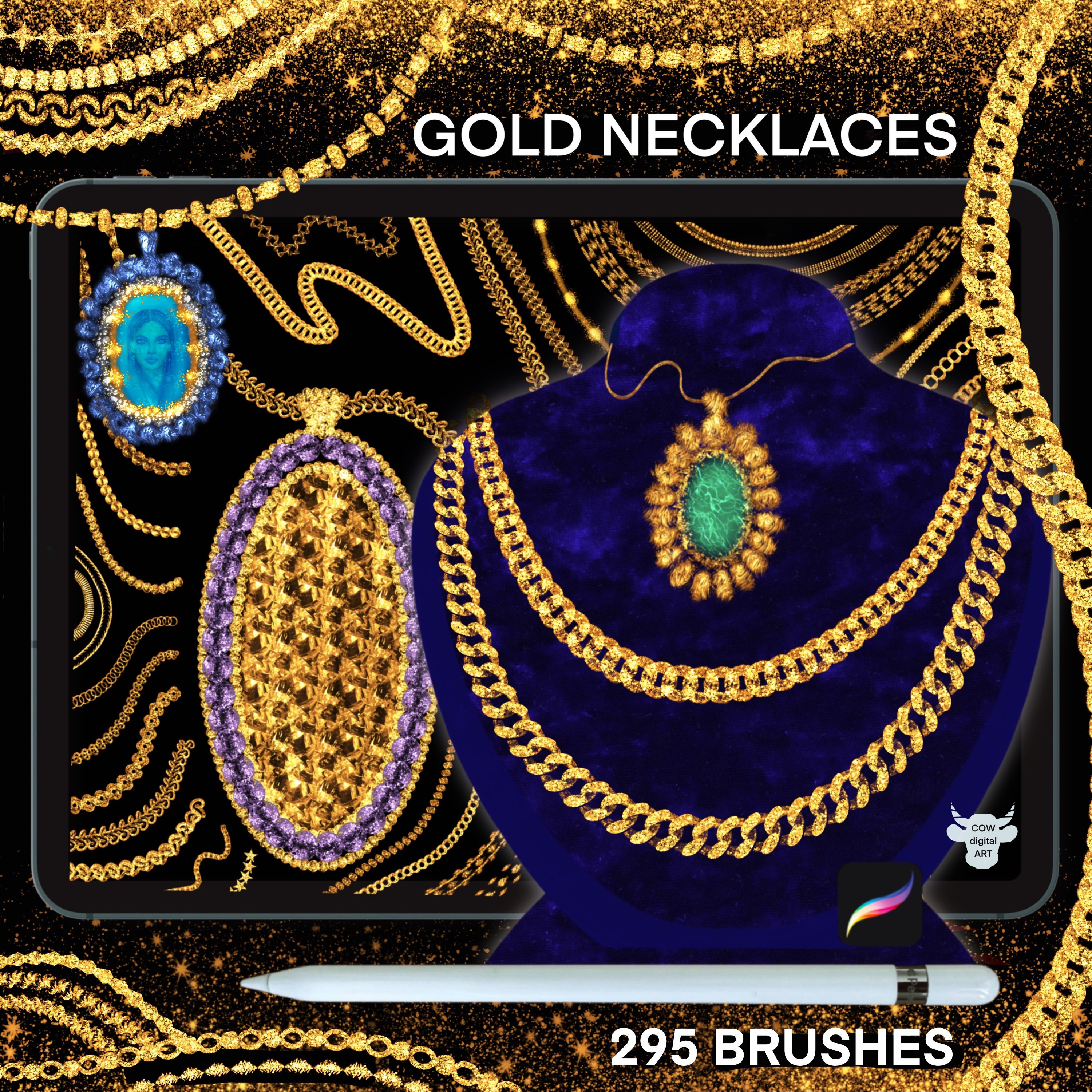 Procreate Jewelry Brushes – Gold Chain, Necklace & Pendant Texture Set with Color Palette