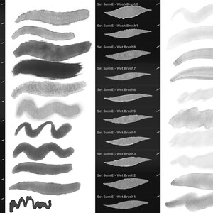 May include: A set of 11 digital brush strokes in black and gray. The brush strokes are labeled "Set Sumi - Main Medium" and "Set Sumi - Wet Brush".