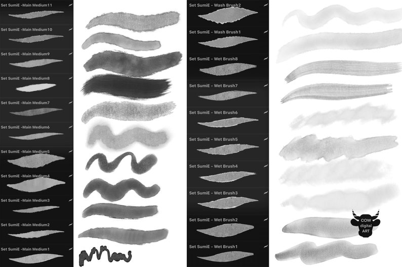 May include: A set of 11 digital brush strokes in black and gray. The brush strokes are labeled "Set Sumi - Main Medium" and "Set Sumi - Wet Brush".