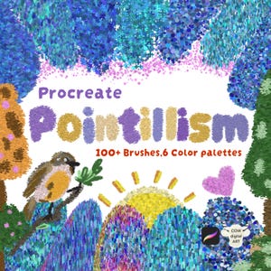 May include: Digital art graphic with the words "Procreate Pointillism" in purple and gold. The image features a bird, trees, and a sun, all created with a pointillism style. Includes 100+ brushes and 6 color palettes.