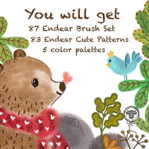 Könnte beinhalten: Digitale Illustration eines braunen Bären mit rotem Schal und Schmetterling auf der Nase. Das Bild zeigt einen blauen Vogel, grüne Blätter und den Text "You will get 87 Endear Brush Set, 83 Endear Cute Patterns, 5 color palettes."
