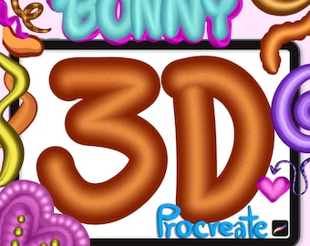 May include: A digital illustration of a set of 250 3D Procreate brushes. The image features a colorful, cartoon-style font with the words "BONNY 3D Procreate 250 BRUSHES" and a heart with gold dots. The background is a light pink color.
