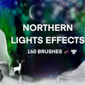 Op de afbeelding: Een digitale illustratie van een besneeuwd landschap met een groen en blauw noorderlicht op de achtergrond. De tekst "NORTHERN LIGHTS EFFECTS 160 BRUSHES" wordt in het midden van de afbeelding weergegeven.