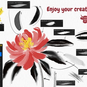 May include: A digital painting tutorial showing how to create a red and yellow flower with black leaves using different brushes. The tutorial includes a layered image of the flower and a set of brush strokes used to create the image. The text "Enjoy your creations" is written in red at the top of the image. The text "COW digital ART" is written in white on a red cow icon.