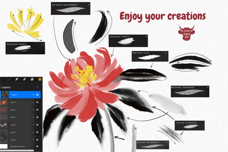 May include: A digital painting tutorial showing how to create a red and yellow flower with black leaves using different brushes. The tutorial includes a layered image of the flower and a set of brush strokes used to create the image. The text "Enjoy your creations" is written in red at the top of the image. The text "COW digital ART" is written in white on a red cow icon.