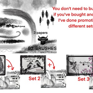 May include: Three digital art sets for Procreate featuring black and white ink brush sets and landscape paintings. The sets are titled "Traditional Ink Brushes", "Portrait Ink Wash Painting", and "Asia Ink Brushes".