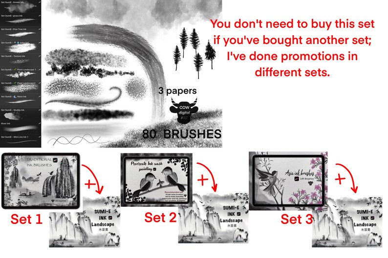 May include: Three digital art sets for Procreate featuring black and white ink brush sets and landscape paintings. The sets are titled "Traditional Ink Brushes", "Portrait Ink Wash Painting", and "Asia Ink Brushes".