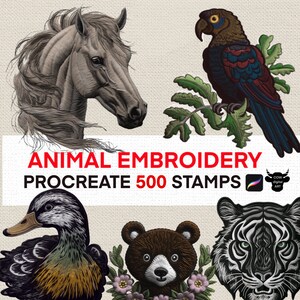 May include: A set of 500 Procreate stamps featuring embroidered animal designs. The stamps include a horse, a parrot, a duck, a bear, and a tiger. The stamps are ideal for adding a touch of whimsy and texture to your digital art.