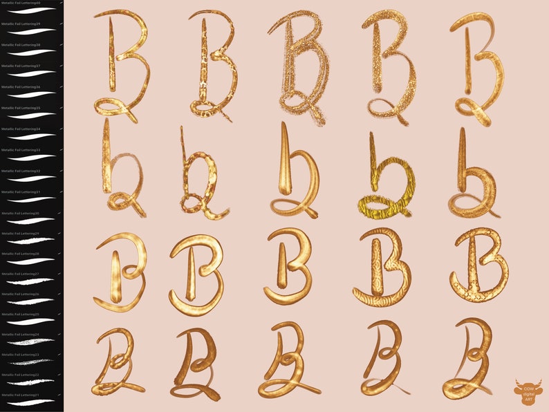 May include: A set of 20 gold glitter letter Bs in various styles. The letters are arranged in five rows of four letters each. The letters are all in a cursive style and have a glittery finish.