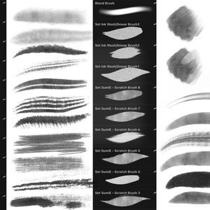 May include: A set of digital brush strokes for use in digital art programs. The brush strokes are in black and white and include a variety of textures, such as rough, scratchy, and smooth. The brush strokes are labeled with their names, such as "Set Sumi-Scratch Brush 2" and "Set Ink Wash/Smear Brush 3".