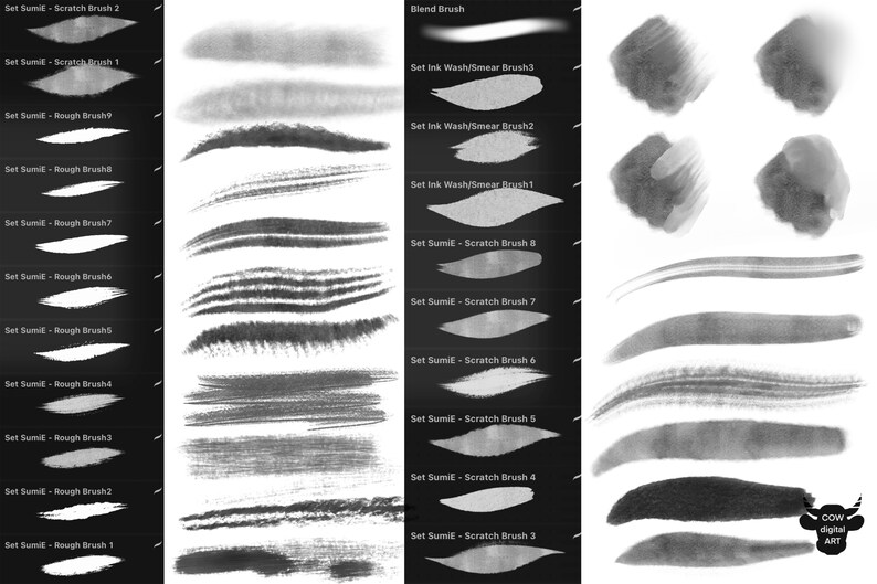 May include: A set of digital brush strokes for use in digital art programs. The brush strokes are in black and white and include a variety of textures, such as rough, scratchy, and smooth. The brush strokes are labeled with their names, such as "Set Sumi-Scratch Brush 2" and "Set Ink Wash/Smear Brush 3".