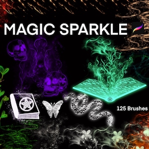 May include: A digital illustration of a magic sparkle brush set with 125 brushes. The image features a glowing green book, a snake, a butterfly, and skulls. The text "MAGIC SPARKLE" is at the top of the image.