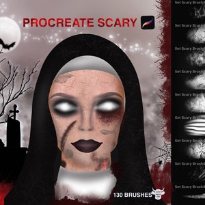 Può includere: Un'illustrazione digitale di una suora spaventosa con occhi bianchi e un viso insanguinato. L'immagine è su uno sfondo scuro con una chiesa e un cimitero. Il testo "PROCREATE SCARY" è in cima all'immagine. L'immagine è per un set di 130 pennelli digitali per l'app Procreate.