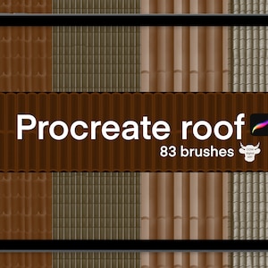 May include: A digital art product displayed on a tablet. The image shows various roof tile textures in shades of brown and gray. Text reads "Procreate roof 83 brushes" with a Procreate app icon and a cow logo.